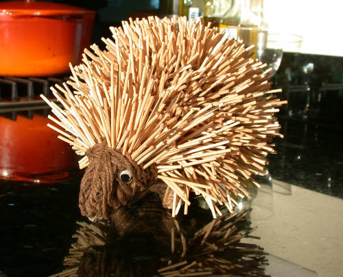 Hedgehog sculpture made from wire, string and cocktail sticks by Peter Heywood